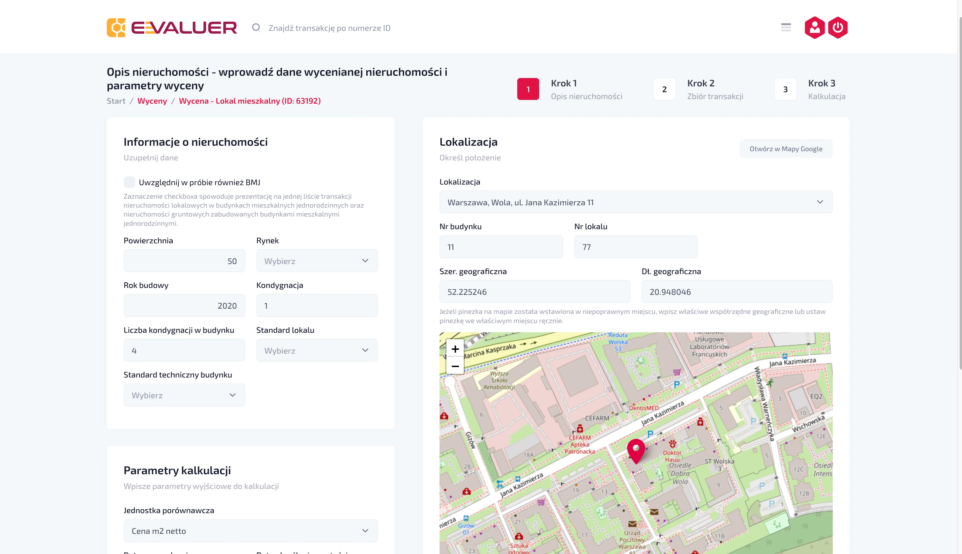Widok interfejsu Evaluer: formularz wyceny i mapa nieruchomości.